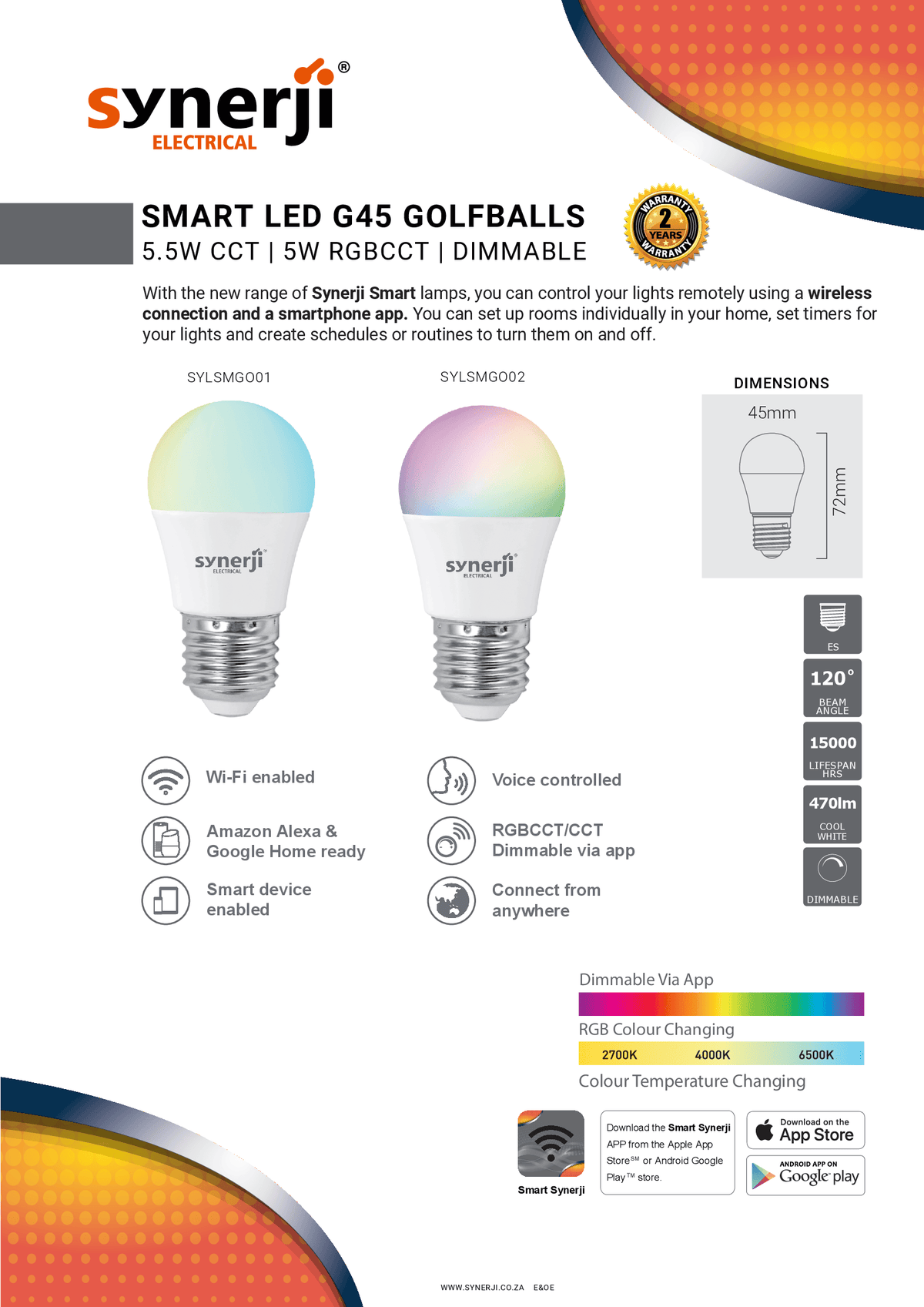 Synerji 5W Smart LED Golf Ball Globe – product data sheet showing the lamp colours