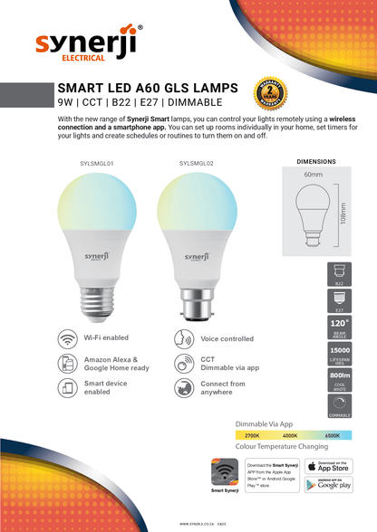 Synerji 9W Smart LED A60 GLS Globe – product data sheet