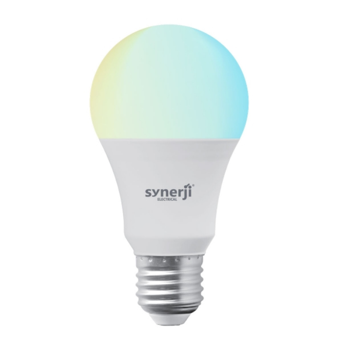 Synerji 9W Smart LED A60 GLS Globe – lamp lit in cool and warm tones, E27 cap