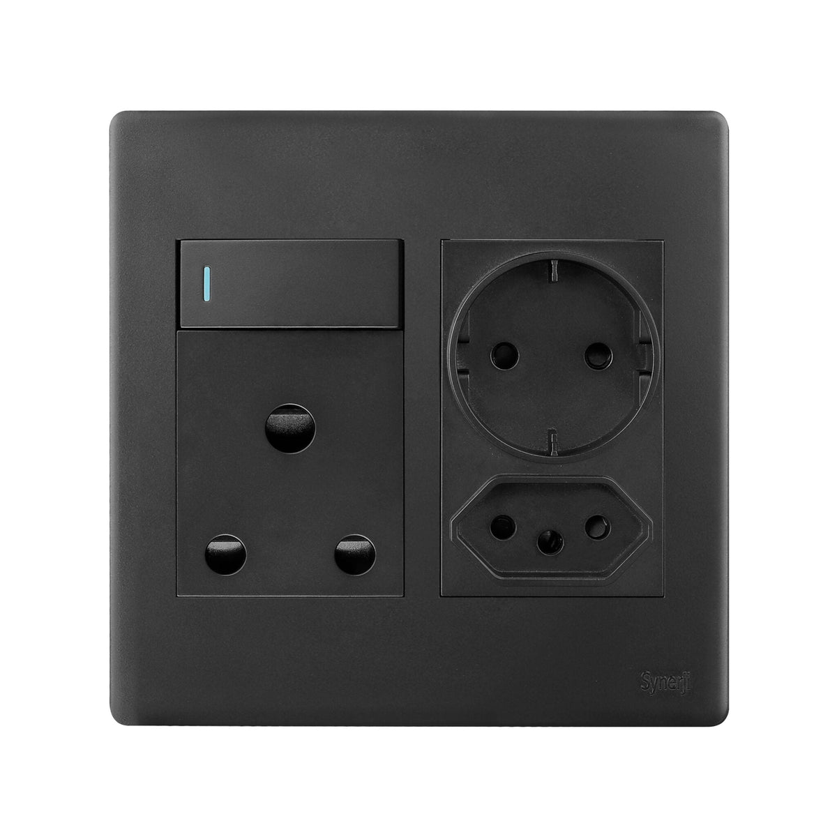 Synerji DECO 4×4 Single + Euro + Schuko Socket – dark socket with Schuko and Euro outlets, front view