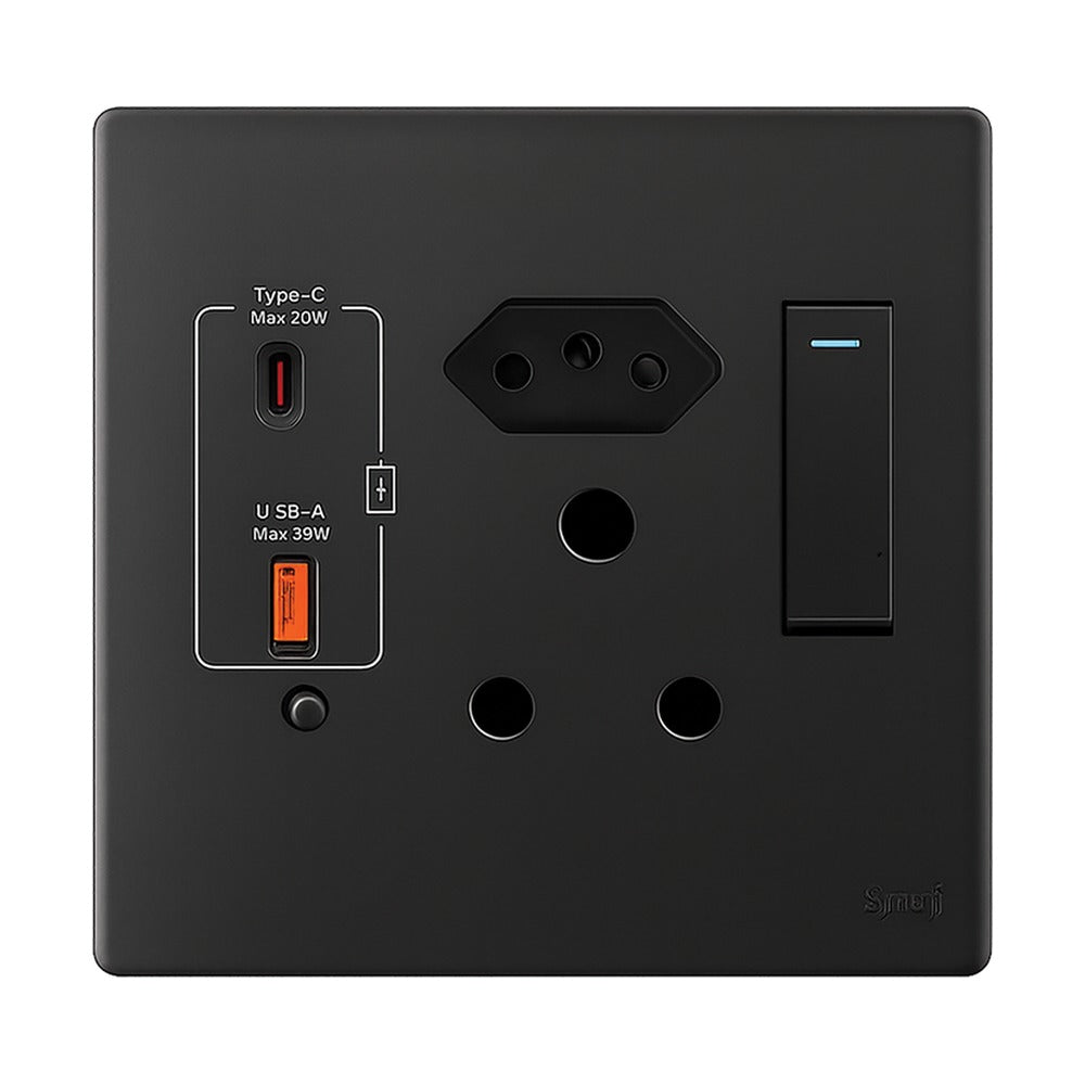 Deco Complete 4×4 RSA + Euro + USB Socket – Matt Black – Synerji