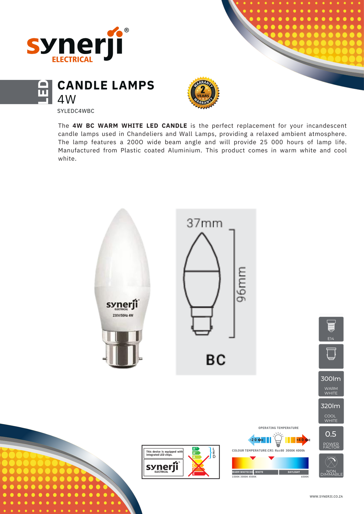 Synerji Dimmable LED Candle Bulb – 4W candle lamp data sheet, BC cap