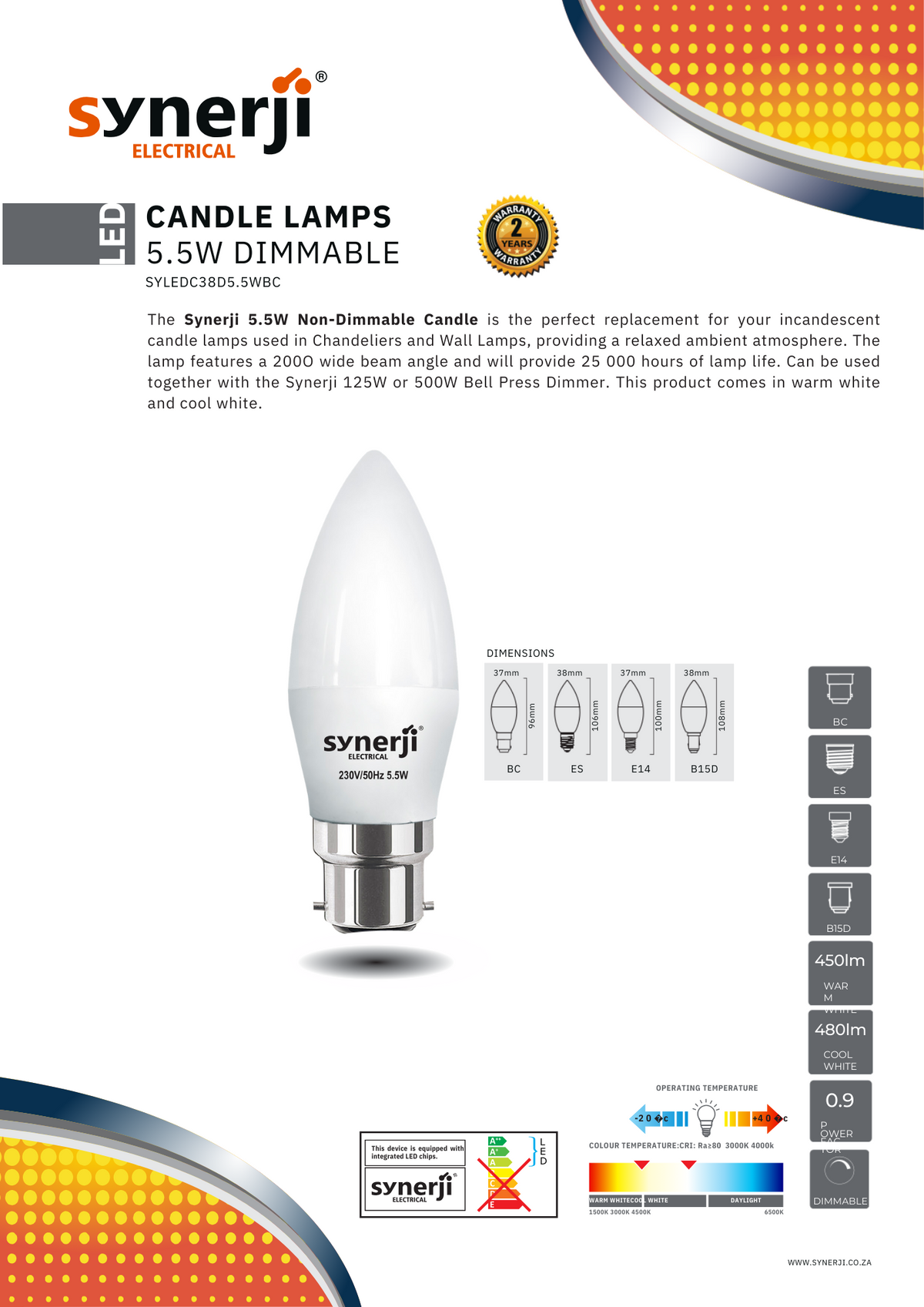 Synerji Dimmable LED Candle Bulb – BC cap data sheet