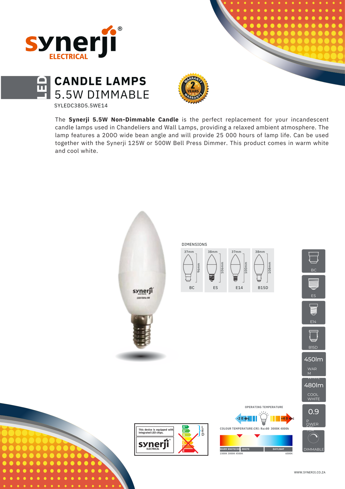 Synerji Dimmable LED Candle Bulb – E14 cap data sheet