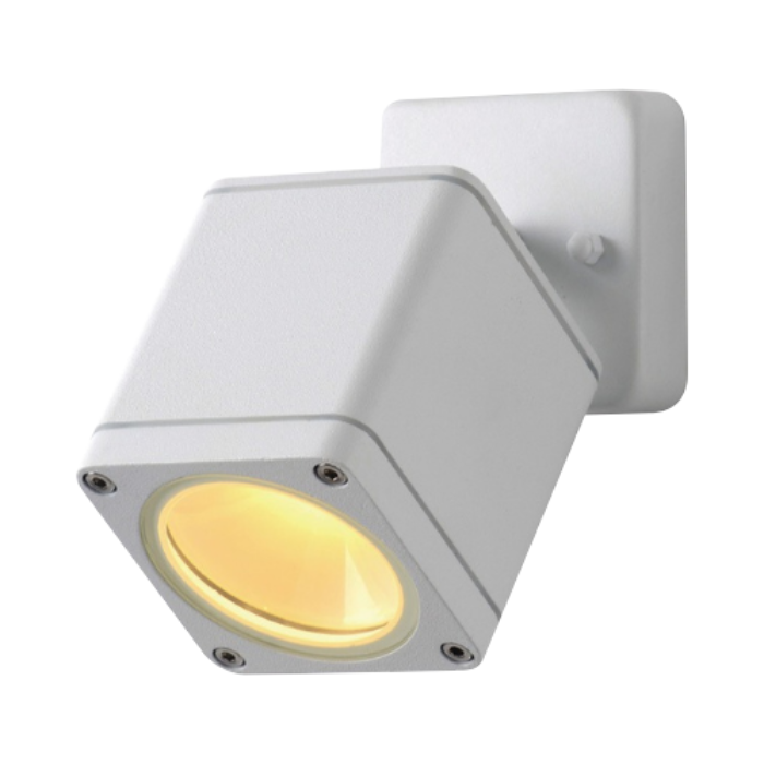 Synerji Kube Tilt Outdoor Wall Light – White version, lit