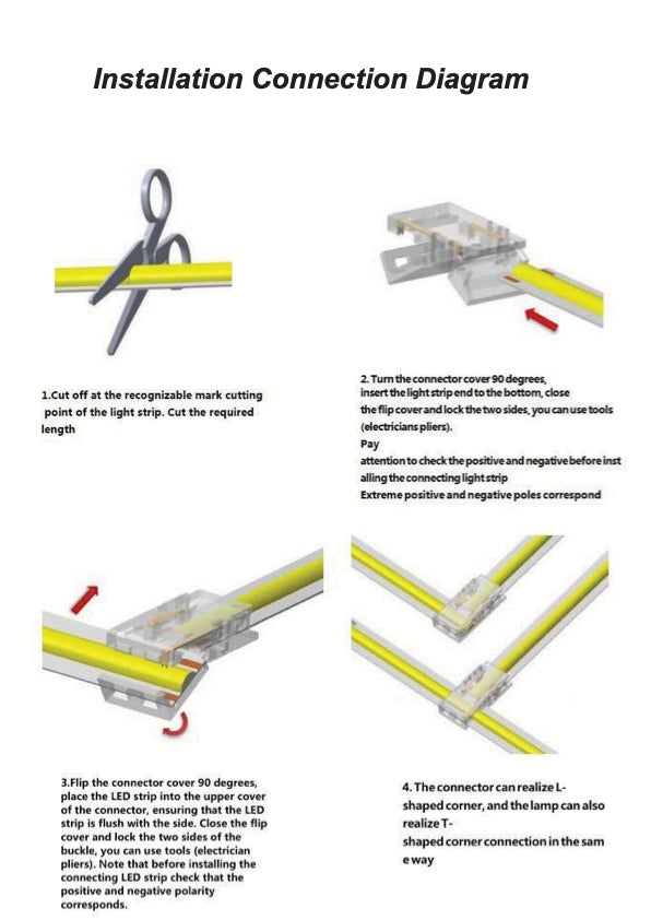 Synerji L & T Connector for 8mm COB LED Strip – installation diagram for the connectors