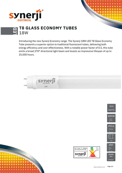 Synerji LED Glass Econo T8 Tube – 18W tube data sheet