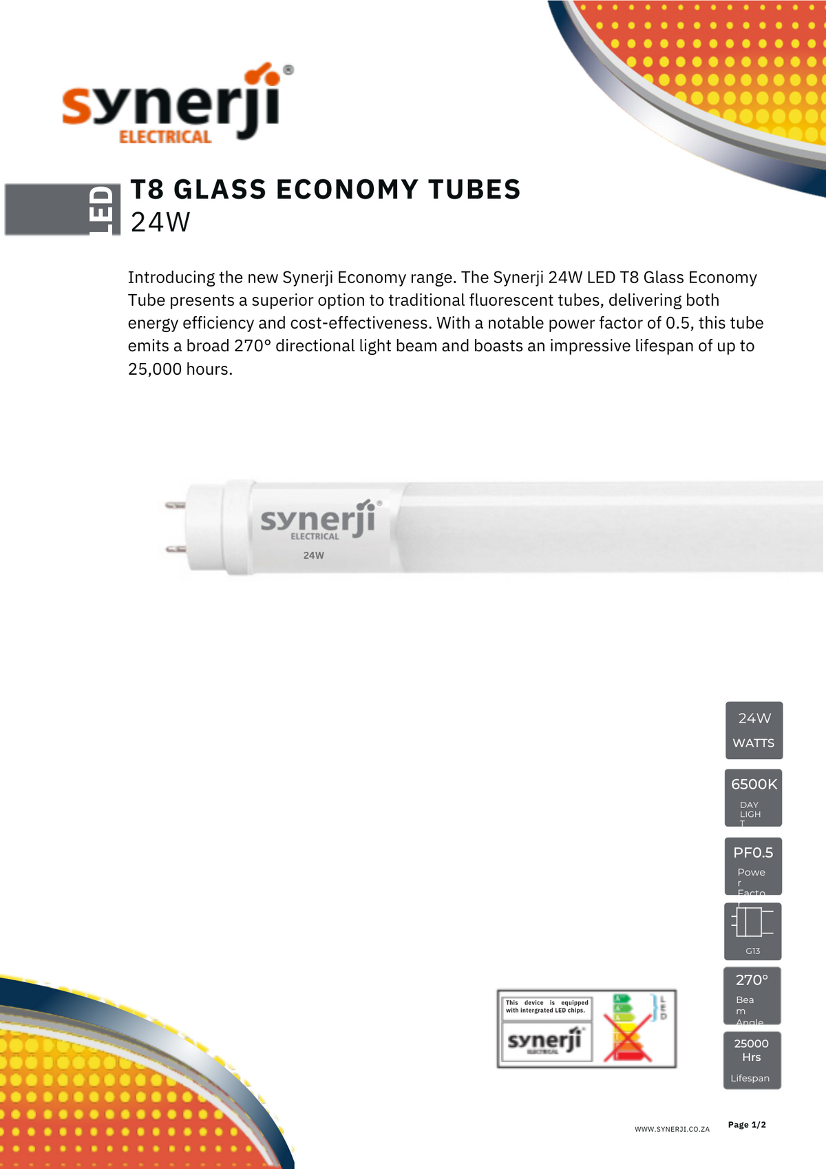 Synerji LED Glass Econo T8 Tube – 24W tube data sheet