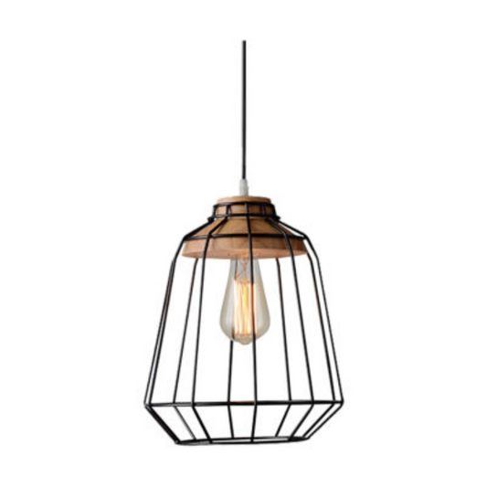 Synerji Matt Black Metal & Wood Pendant Light – ES, IP20