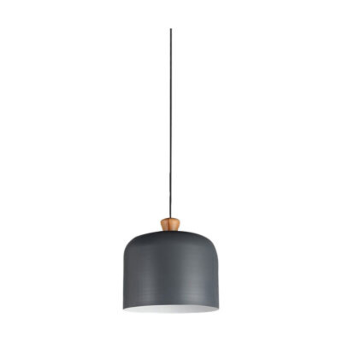 Synerji Metal & Wood Pendant Light – grey shade with wood top, unlit