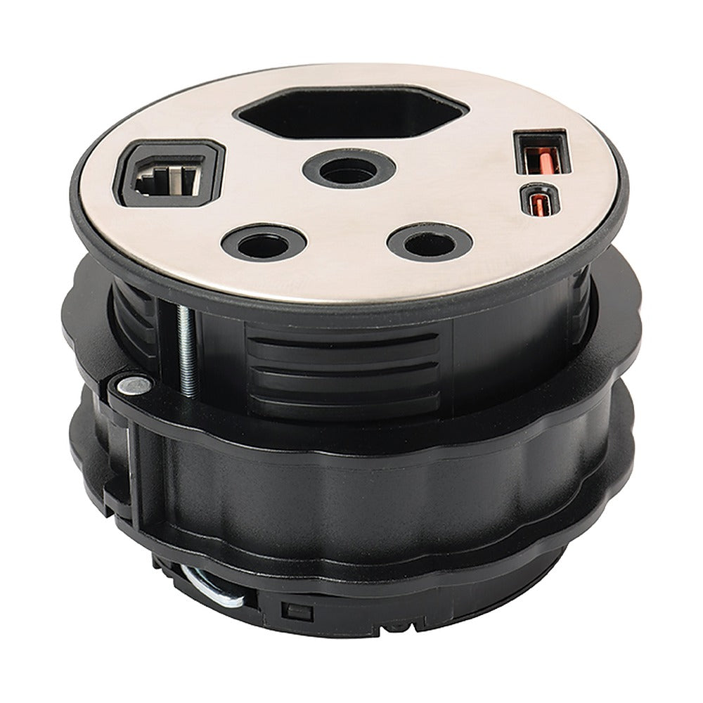 Pop-Up Desktop Power Outlet – Silver & Black – Synerji