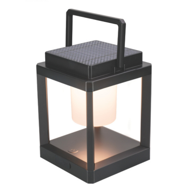 Synerji Solar LED Lantern – black lantern, lit, on a white background