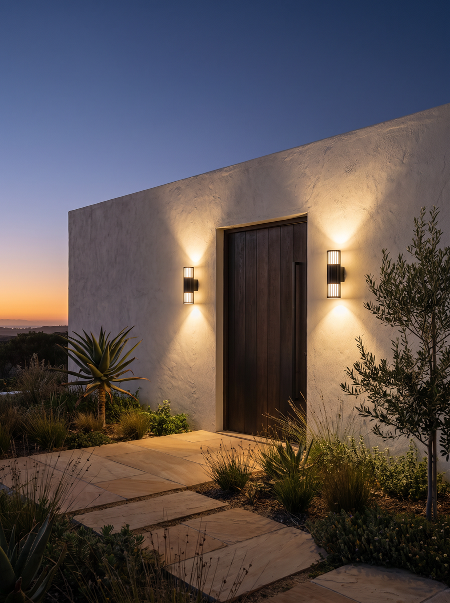 SPAZIO Paso Doblo outdoor wall lights beside a timber door at dusk