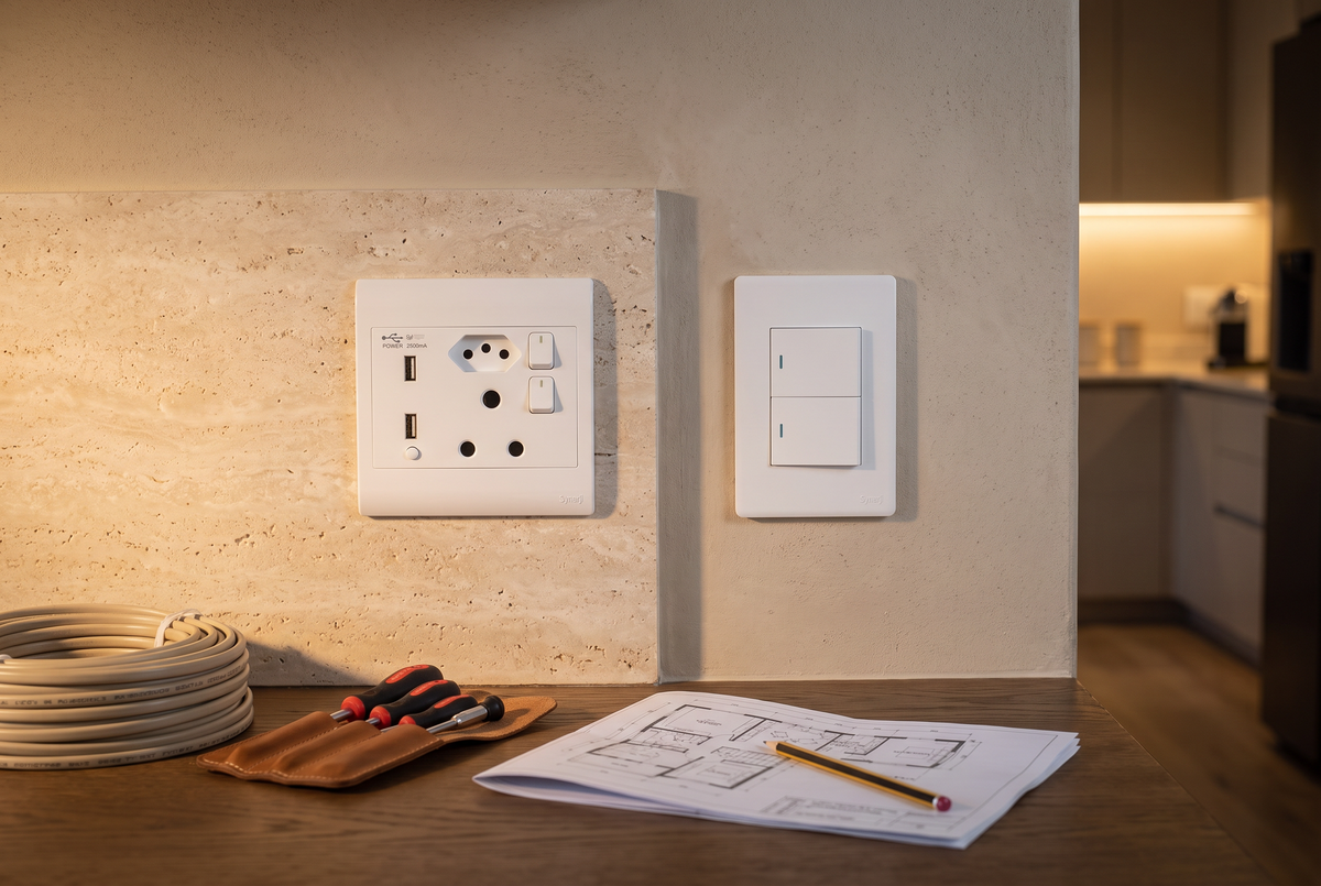 Synerji 4x4 USB socket and DECO 2-lever switch installed on a travertine splashback, with electrician's tools and floor plan